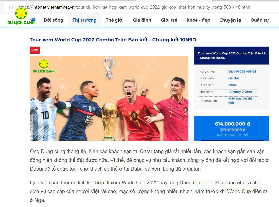 Báo Vietnamnet đưa tin: tour du lịch xem World Cup 2022 đắt khách tại Du Lịch Xanh